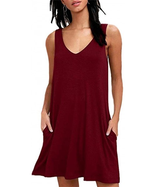 Cover-Ups Women Summer Casual T Shirt Dresses Beach Cover up Plain Pleated Tank Dress - 001 Burgundy - CK18RG48NZ5