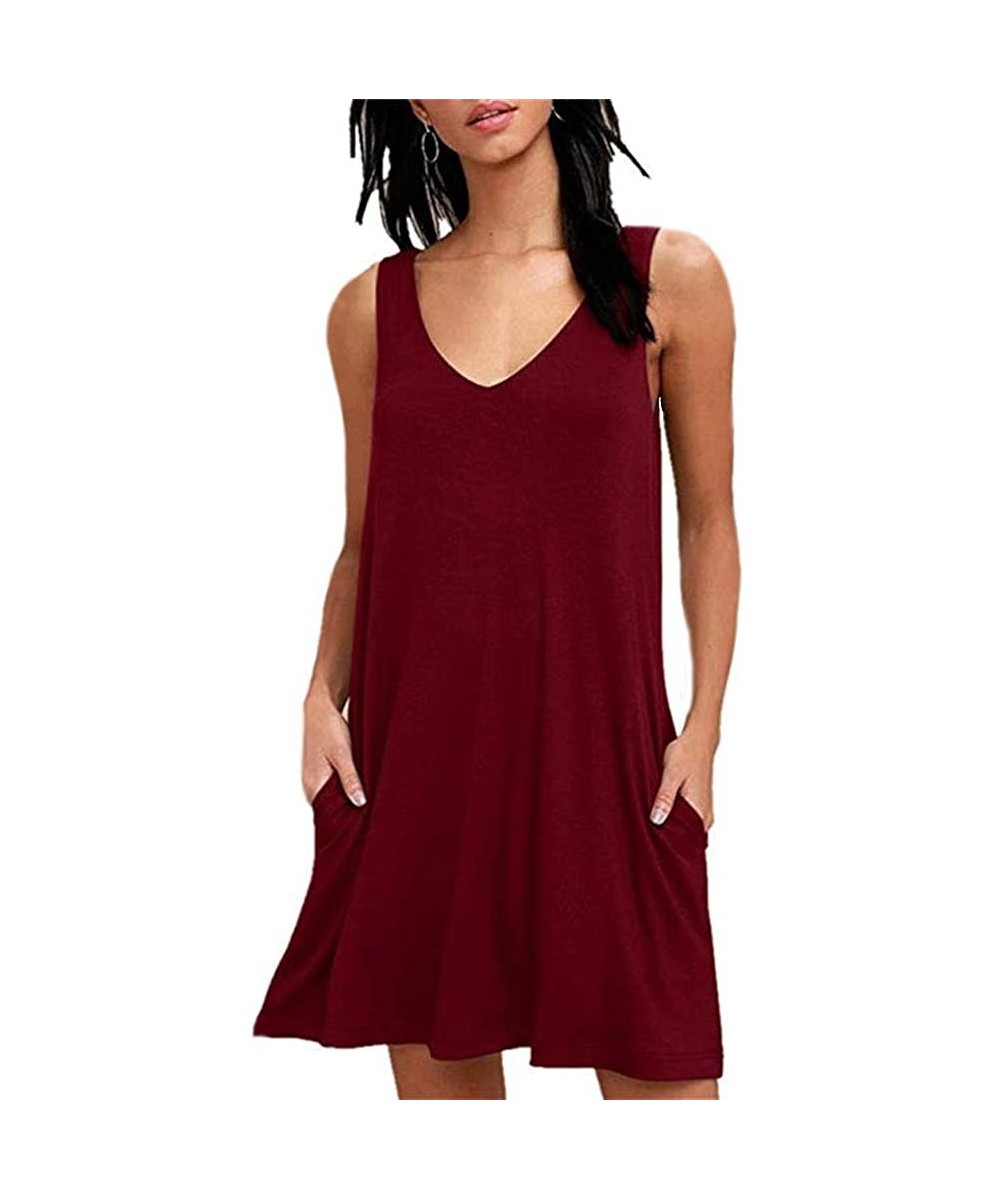 Cover-Ups Women Summer Casual T Shirt Dresses Beach Cover up Plain Pleated Tank Dress - 001 Burgundy - CK18RG48NZ5