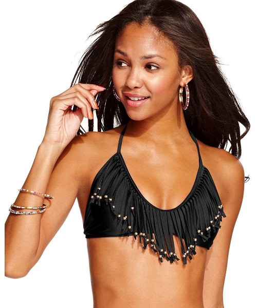 Tops Junior's Fringe Halter Bikini Top- Black - C811OADTJCT