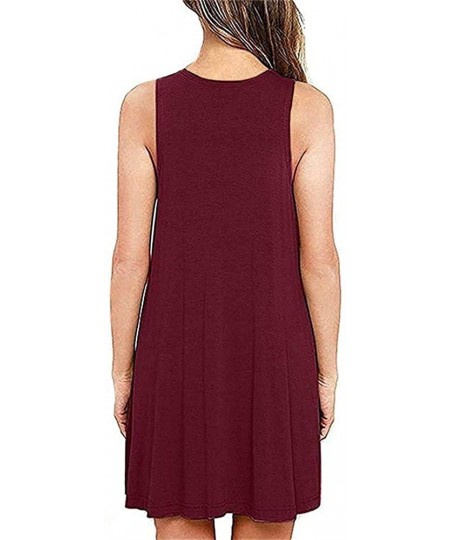 Cover-Ups Women Summer Casual T Shirt Dresses Beach Cover up Plain Pleated Tank Dress - 001 Burgundy - CK18RG48NZ5