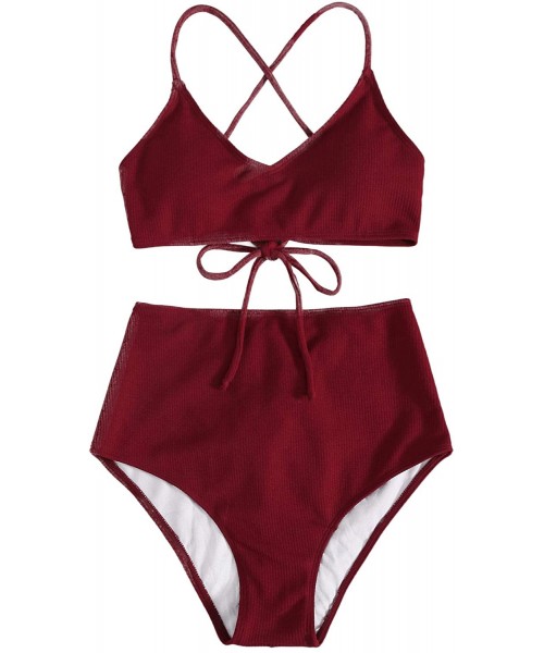 Sets Women's Solid V Neck Criss Cross Ribbed Bikini Set High Waisted Swimsuit - Burgundy - C4190WRLKI6