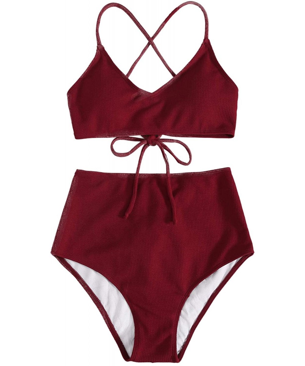 Sets Women's Solid V Neck Criss Cross Ribbed Bikini Set High Waisted Swimsuit - Burgundy - C4190WRLKI6