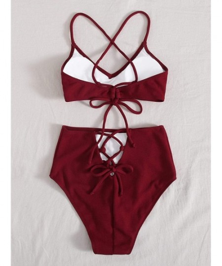 Sets Women's Solid V Neck Criss Cross Ribbed Bikini Set High Waisted Swimsuit - Burgundy - C4190WRLKI6