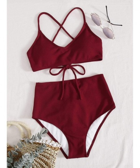 Sets Women's Solid V Neck Criss Cross Ribbed Bikini Set High Waisted Swimsuit - Burgundy - C4190WRLKI6