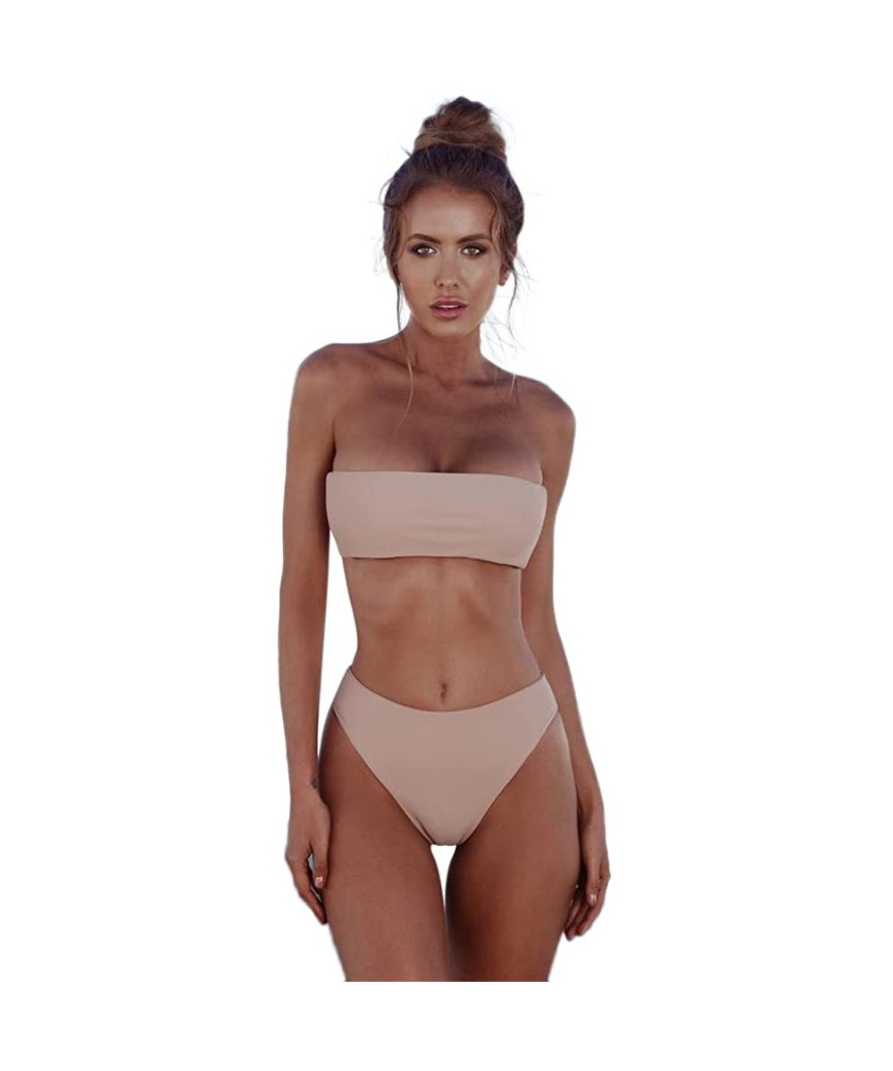 Sets Womens Bandeau High Waisted Solid Swimsuit Two Piece Bathing Suit Bikini Set - Khaki - C01965EH98L