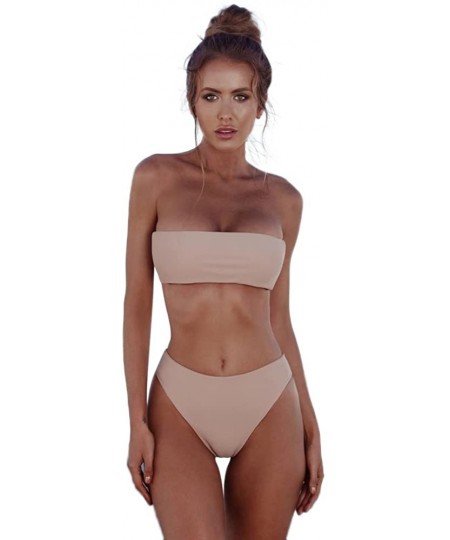 Sets Womens Bandeau High Waisted Solid Swimsuit Two Piece Bathing Suit Bikini Set - Khaki - C01965EH98L