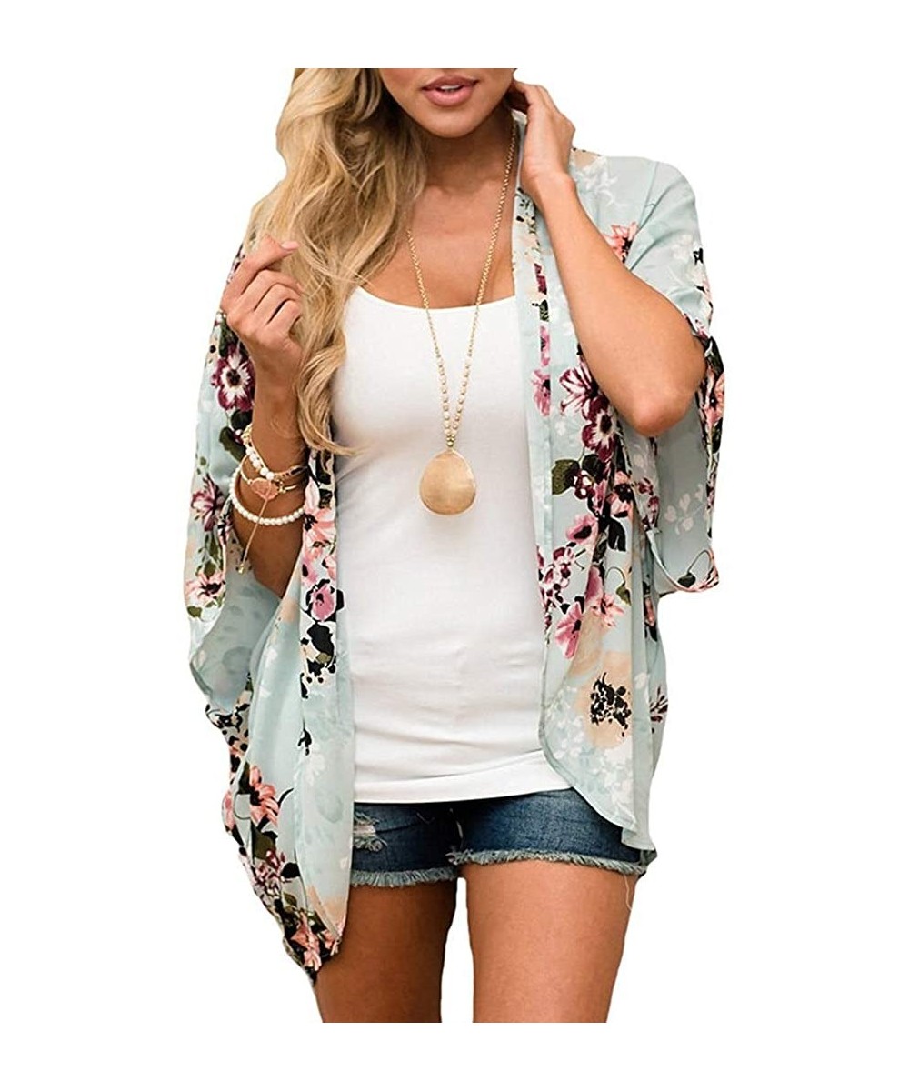 Cover-Ups Women's Floral Print Kimono Sheer Chiffon Loose Cardigan - Green - C818U8UZDNW