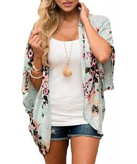 Cover-Ups Women's Floral Print Kimono Sheer Chiffon Loose Cardigan - Green - C818U8UZDNW