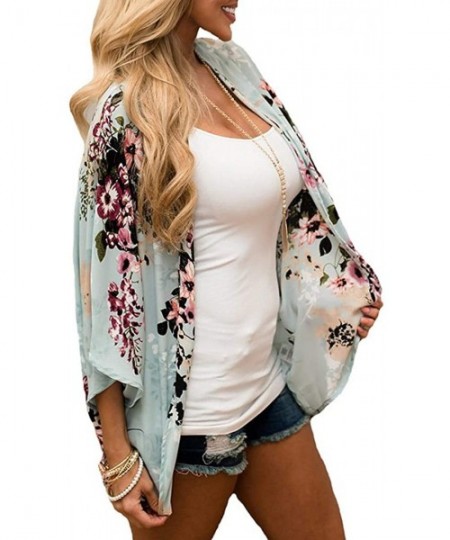 Cover-Ups Women's Floral Print Kimono Sheer Chiffon Loose Cardigan - Green - C818U8UZDNW