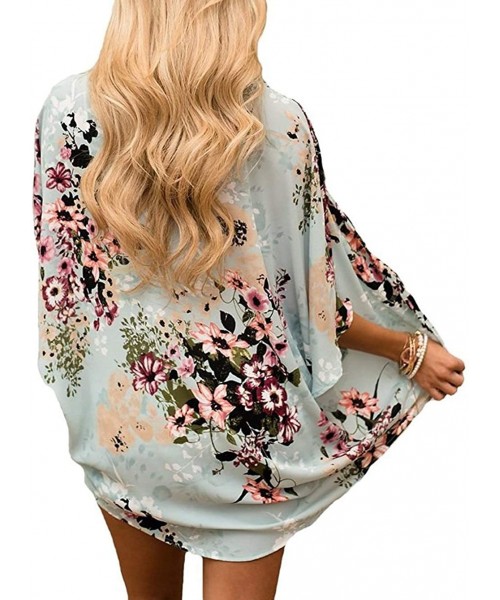 Cover-Ups Women's Floral Print Kimono Sheer Chiffon Loose Cardigan - Green - C818U8UZDNW