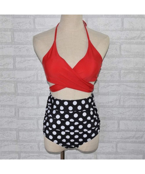 Rash Guards Women Swimsuit Halter Bandage Wrap Bikini Set Push-Up Ruched High Waist Swimwear - Red - C01952MUERM