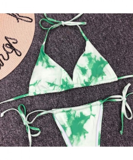 Sets Women's Sexy Tie-Dye Lace Up High Cut Leg Halter Bikini Set Two Piece Split Swimsuit - Green - C8199Y2AKQA