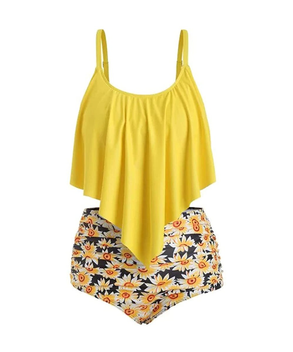 Sets Women Two Pieces Bathing Suits Adjustable Double Strap Ruffled Top with Sunflower High Waisted Bottom Tankini Set - Yell...