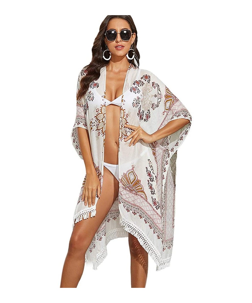 Cover-Ups Women's Beach Cover ups Printed Swimsuits Tassel Bohemian Kimono Cardigan - Floral - C019CDS4N5X