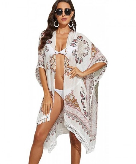 Cover-Ups Women's Beach Cover ups Printed Swimsuits Tassel Bohemian Kimono Cardigan - Floral - C019CDS4N5X