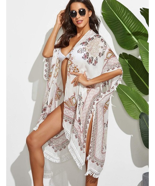 Cover-Ups Women's Beach Cover ups Printed Swimsuits Tassel Bohemian Kimono Cardigan - Floral - C019CDS4N5X