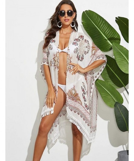 Cover-Ups Women's Beach Cover ups Printed Swimsuits Tassel Bohemian Kimono Cardigan - Floral - C019CDS4N5X