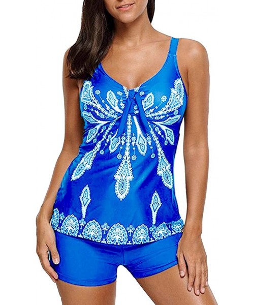 Tankinis Womens Strap Floral Adjustable Removable Padded Tankini Swimsuit - Lightblue - CX184DA5TGX