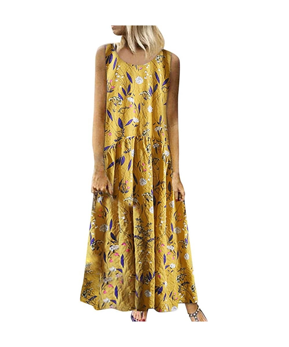 Sets Women Plus Size Bohemian O-Neck Floral Print Vintage Sleeveless Long Maxi Dress - A-yellow - C518W3N63Q3