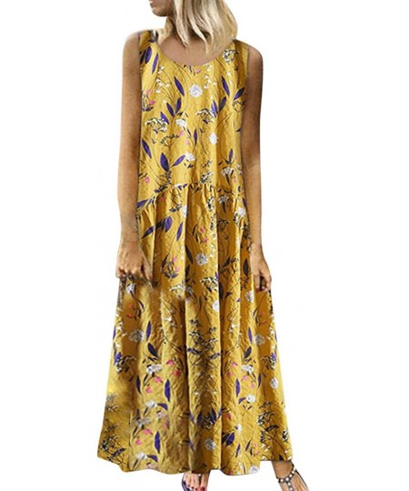 Sets Women Plus Size Bohemian O-Neck Floral Print Vintage Sleeveless Long Maxi Dress - A-yellow - C518W3N63Q3