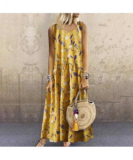 Sets Women Plus Size Bohemian O-Neck Floral Print Vintage Sleeveless Long Maxi Dress - A-yellow - C518W3N63Q3