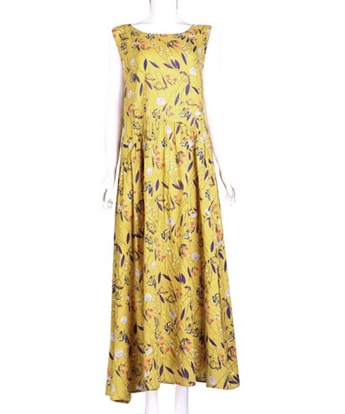 Sets Women Plus Size Bohemian O-Neck Floral Print Vintage Sleeveless Long Maxi Dress - A-yellow - C518W3N63Q3