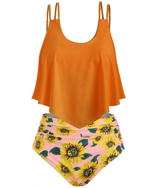 Sets Women Tankini Sets with Boy Shorts Ruffled Swimwear Hight Waist Sunflower Printed Swimsuits Bathing Suits Z 2 Orange - C...