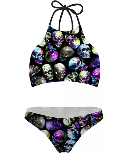 Sets High Waisted Swimsuit Womens Cute Ruffle Push Up Bikini Bathing Suit - Skull - CE193E6W033