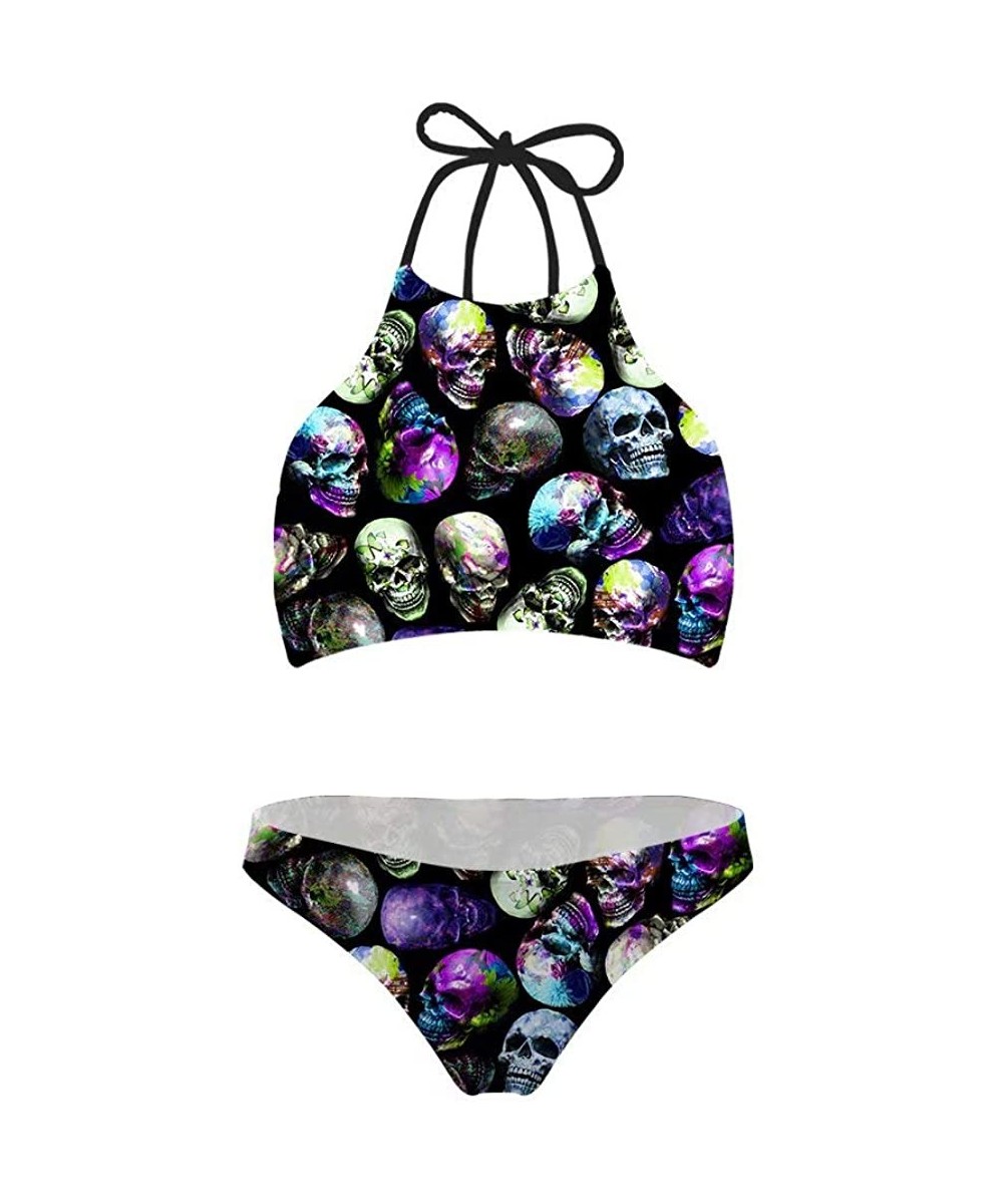 Sets High Waisted Swimsuit Womens Cute Ruffle Push Up Bikini Bathing Suit - Skull - CE193E6W033