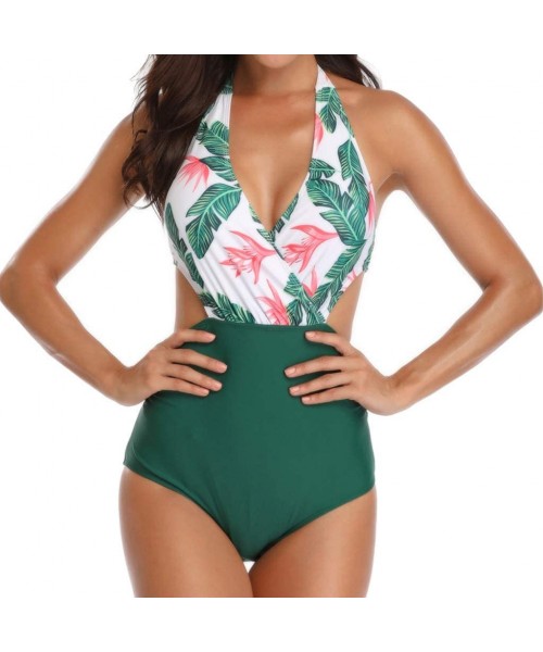 Cover-Ups Swimsuits for Women One Piece Tummy Control One Pieces Swimsuit High Neck Plunge Leaf Ruched Monokini Swimwear Gree...