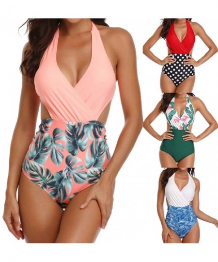 Cover-Ups Swimsuits for Women One Piece Tummy Control One Pieces Swimsuit High Neck Plunge Leaf Ruched Monokini Swimwear Gree...