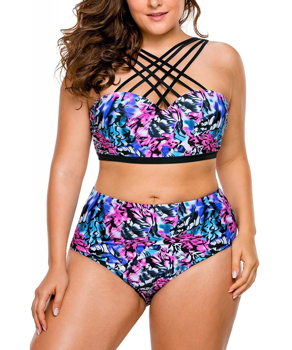 Tankinis Women's Plus Size Strappy High Waist Bikini Two Piece Swimsuit Tankini - Floral - CF182HOHEQY