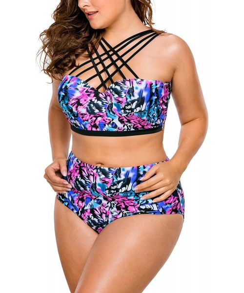 Tankinis Women's Plus Size Strappy High Waist Bikini Two Piece Swimsuit Tankini - Floral - CF182HOHEQY