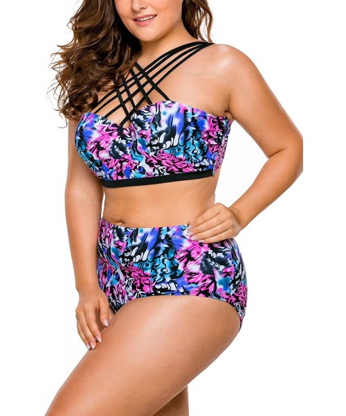 Tankinis Women's Plus Size Strappy High Waist Bikini Two Piece Swimsuit Tankini - Floral - CF182HOHEQY