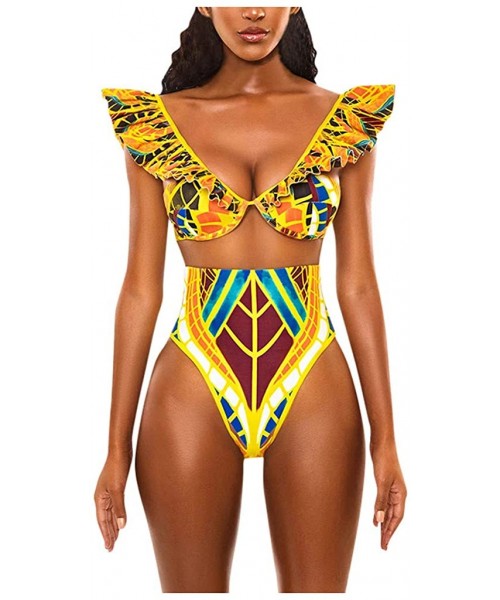 Racing Women One Piece Swimsuit African Print Monokini Bikini Beach Swimwear Bathing Suit for Women Plus Size - Yellow6 - CO1...