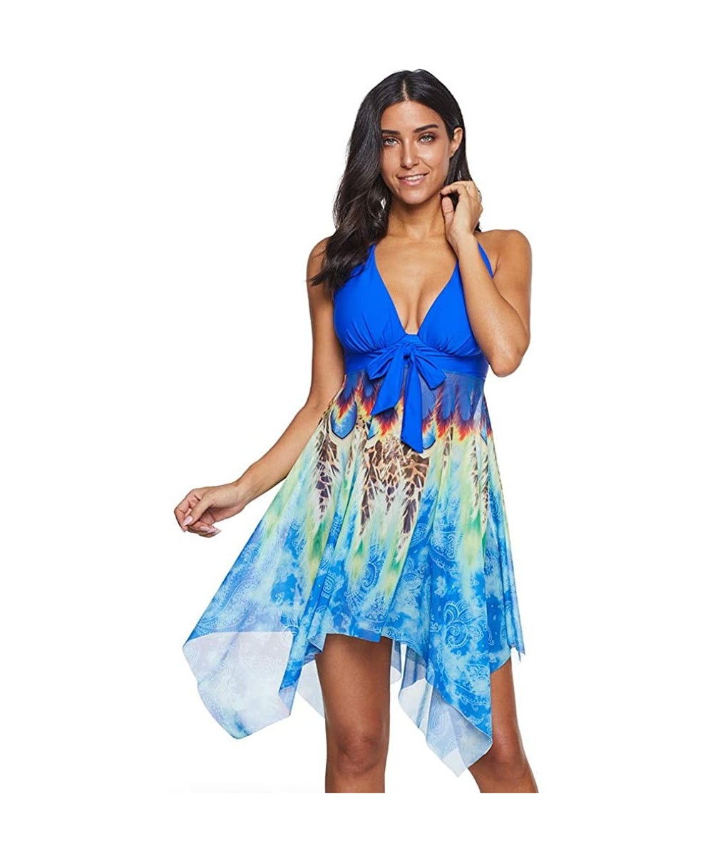 Sets Women's Elegant Crossover Swimdress Floral Skirted Swimsuits Ruffled Print Bathing Suits Swimsuits - Blue1 - C3195W329IM