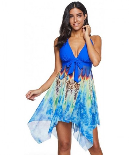 Sets Women's Elegant Crossover Swimdress Floral Skirted Swimsuits Ruffled Print Bathing Suits Swimsuits - Blue1 - C3195W329IM