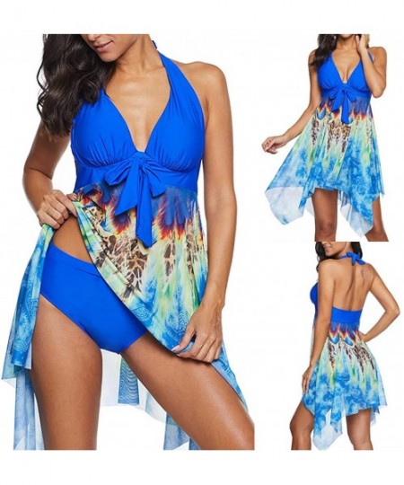 Sets Women's Elegant Crossover Swimdress Floral Skirted Swimsuits Ruffled Print Bathing Suits Swimsuits - Blue1 - C3195W329IM