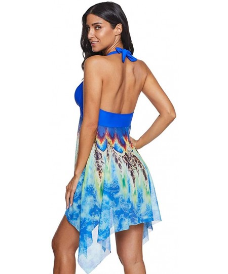 Sets Women's Elegant Crossover Swimdress Floral Skirted Swimsuits Ruffled Print Bathing Suits Swimsuits - Blue1 - C3195W329IM