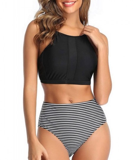 Sets Two Piece Swimsuits for Women High Neck Bikini Crop Top with Swim Bottom Cute Tankini Set Bathing Suits Black Stripe - C...