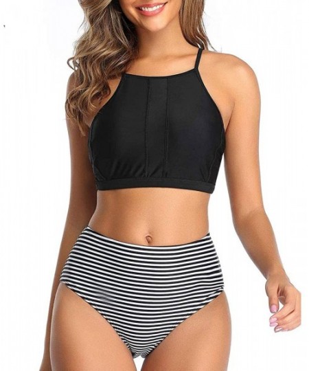 Sets Two Piece Swimsuits for Women High Neck Bikini Crop Top with Swim Bottom Cute Tankini Set Bathing Suits Black Stripe - C...