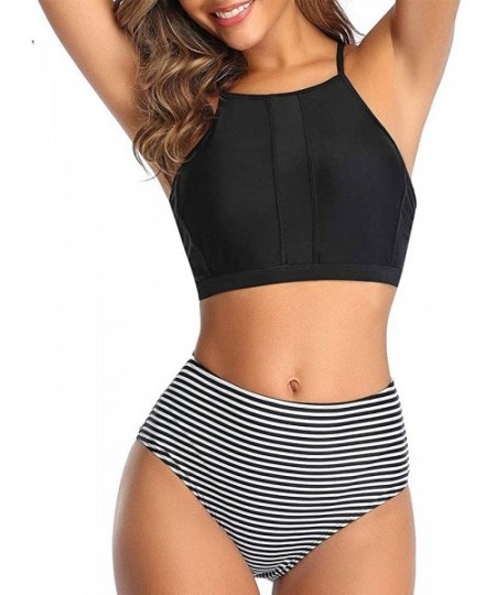 Sets Two Piece Swimsuits for Women High Neck Bikini Crop Top with Swim Bottom Cute Tankini Set Bathing Suits Black Stripe - C...