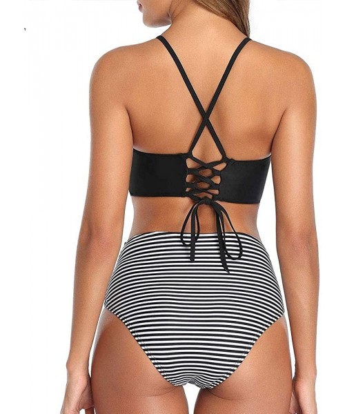 Sets Two Piece Swimsuits for Women High Neck Bikini Crop Top with Swim Bottom Cute Tankini Set Bathing Suits Black Stripe - C...