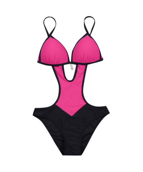 Sets Women Solid Beading Bandage Padded Push-up Bathing Suit Bikini Swimwear Swimsuit - Hot Pink - C0196XOLSDZ