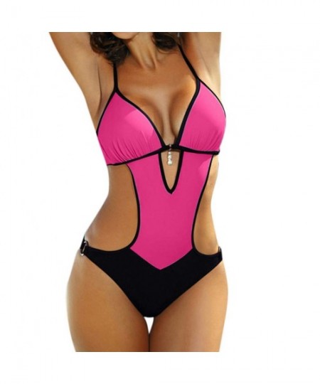 Sets Women Solid Beading Bandage Padded Push-up Bathing Suit Bikini Swimwear Swimsuit - Hot Pink - C0196XOLSDZ