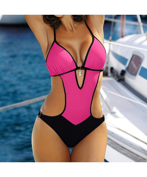 Sets Women Solid Beading Bandage Padded Push-up Bathing Suit Bikini Swimwear Swimsuit - Hot Pink - C0196XOLSDZ