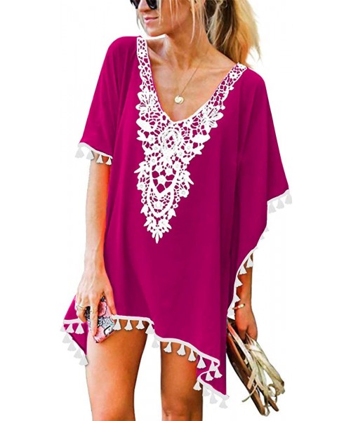 Cover-Ups Women's Crochet Chiffon Tassel Swimsuit Beach Bikini Cover Ups for Swimwear - A10-magenta - C5192A37853