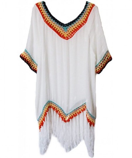 Cover-Ups Big Girl Crochet Beach Cover Up Swimsuit - White Tassel - C2199CMA43M