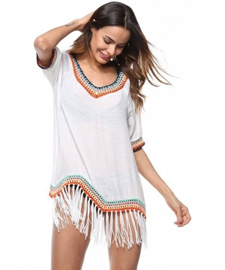 Cover-Ups Big Girl Crochet Beach Cover Up Swimsuit - White Tassel - C2199CMA43M