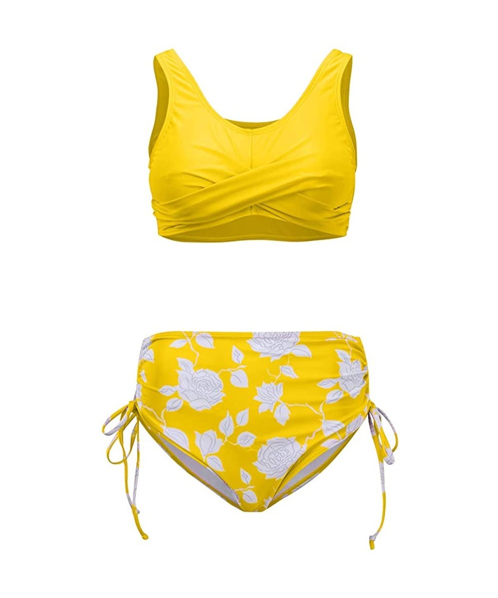 Cover-Ups Women Two Piece Swimsuit High Waisted Printed Drawstring Bathing Suit Bikini Swimwear - Yellow - CL199QOOCU0